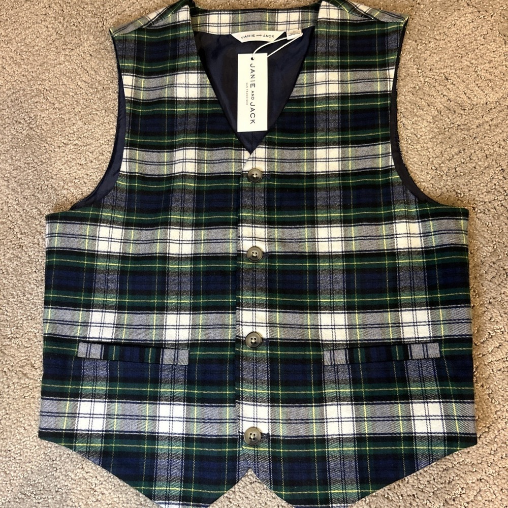 Janie And Jack Boys Size 12 Blue Plaid‎ Holiday Suit Vest Dressy Photos NWT